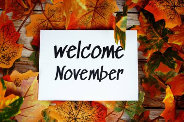 Ahşap arkaplanda akçaağaç yaprağı dekoltesi olan Kasım ayına hoş geldiniz metni