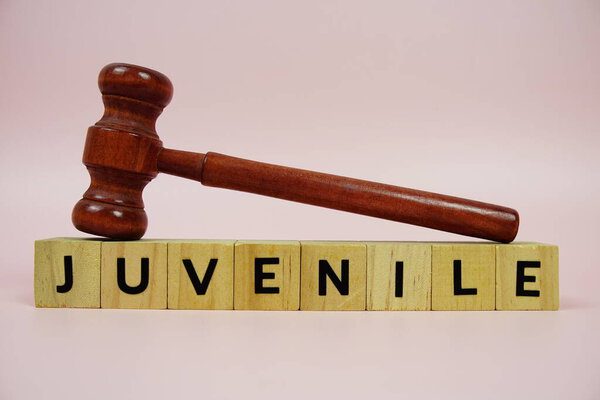 Juvenile alphabet letters with wooden blocks alphabet letters and Gavel on pink background