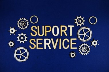 Support Service alphabet letters with gears element on navy blue background clipart