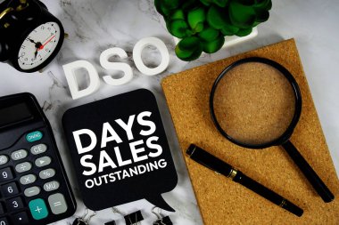 DSO - Days Sales Outstanding acronym with calculator, alarm clock and magnifying glass, Business concept background clipart