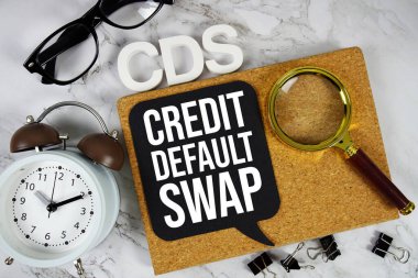 CDS - Credit Default Swap acronym with alarm clock and magnifying glass, Business concept background clipart