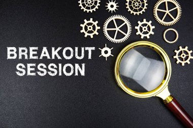 Breakout session text message with magnifying glass on black background clipart