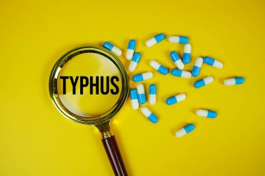 TyphusMedicine Capsule and Magnifying glass with RUBELLA text on green background clipart