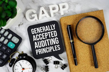 GAPP - Genel olarak hesap makinesi, alarm saati ve büyüteç, iş konsepti arka planı ile kabul edilen ilkeler ve uygulamalar