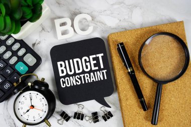 BC - Budget Constraint acronym with calculator, alarm clock and magnifying glass, business and marketing concept background clipart