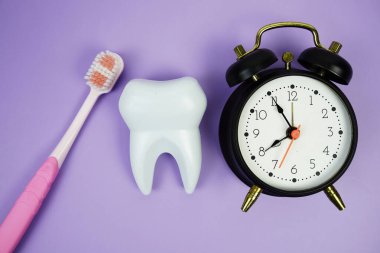 Diş fırçası ve beyaz diş modeli mor arka planda alarm saati diş hijyeni kavramı