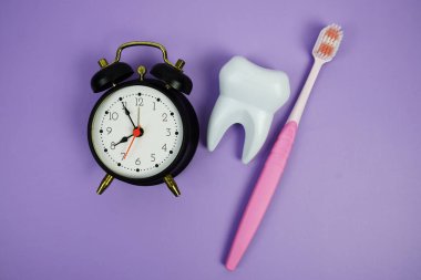 Diş fırçası ve beyaz diş modeli mor arka planda alarm saati diş hijyeni kavramı