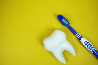 Diş fırçası ve Beyaz Diş modeli diş temizliği konsepti sarı arka planda