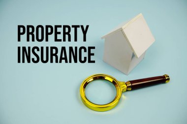 Beyaz Modeller Evi ve mavi zemin üzerinde büyüteç bulunan Mülkiyet Sigortası metni