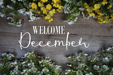 Ahşap arkaplanda çiçek çerçeveli Aralık ayına hoş geldiniz metni