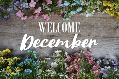 Ahşap arkaplanda çiçek çerçeveli Aralık ayına hoş geldiniz metni