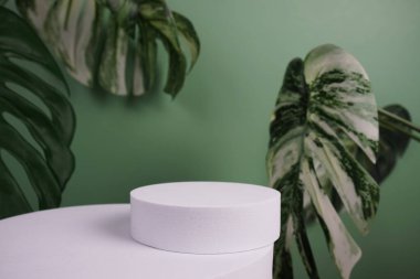 Beyaz podyum sahne sahne gösterisi ön görünümü fotokopi alanı ve canavar yeşil arka planda dekorasyon bırakır