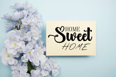 Açık mavi arkaplanda çiçek desenli Home Sweet Home metni