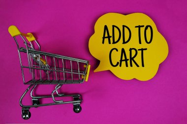 Konuşma balonu ve pembe arka planda tramvay alışveriş arabası olan Cart metnine ekle
