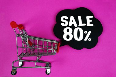 % 80 'lik metin, pembe arka planda konuşma balonu ve tramvay alışveriş arabası.