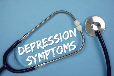 Mavi arkaplanda steteskoplu depresyon belirtileri metni