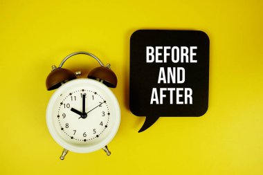 Sarı arkaplanda alarmlı saat üst görünümü olan konuşma baloncuğu üzerindeki metinden önce ve sonra