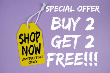 2 alana 2 bedava!! Mor arkaplanda pric etiketli metin