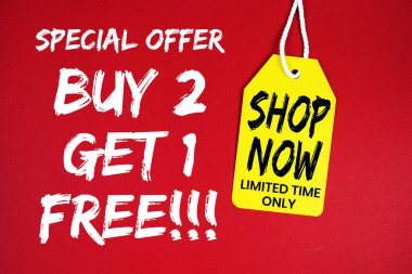 2 alana 1 bedava!! Kırmızı arkaplanda pric etiketli özel teklif