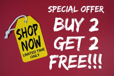 2 alana 2 bedava!! Kırmızı arkaplanda pric etiketli metin