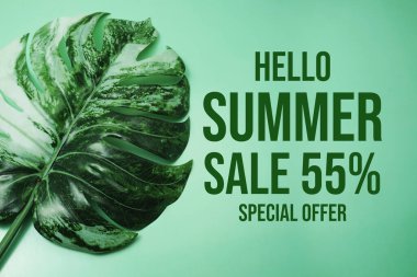 Merhaba Yaz İndirimi% 55 Yeşil arka planda canavar yaprağı olan özel teklif