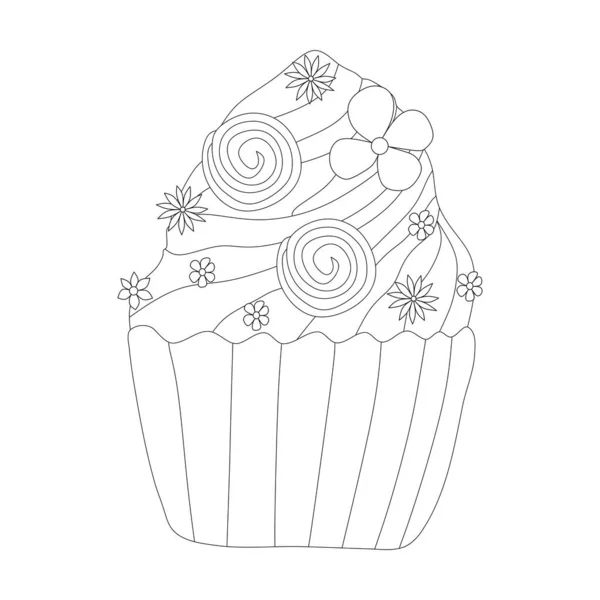 Desenho Para Colorir Com Cupcake Bonita Arte Linha Ilustração Vetorial — Vetor de Stock