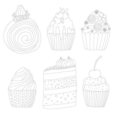 Coloring page with cupakes. Set of sweets. Vector illustration