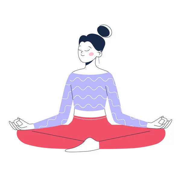 Woman in meditation pose isolated on white background. Concept illustration for yoga, meditation, relaxation, recreation, and healthy lifestyle. Flat vector outline illustration.