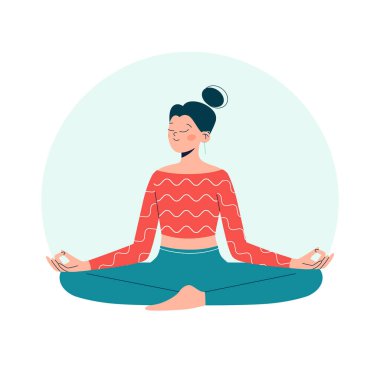 Meditasyon yapan kadın, yuvarlak arka planda izole bir şekilde poz veriyor. Yoga, meditasyon, rahatlama, dinlenme ve sağlıklı yaşam tarzı için illüstrasyon kavramı. Düz vektör.