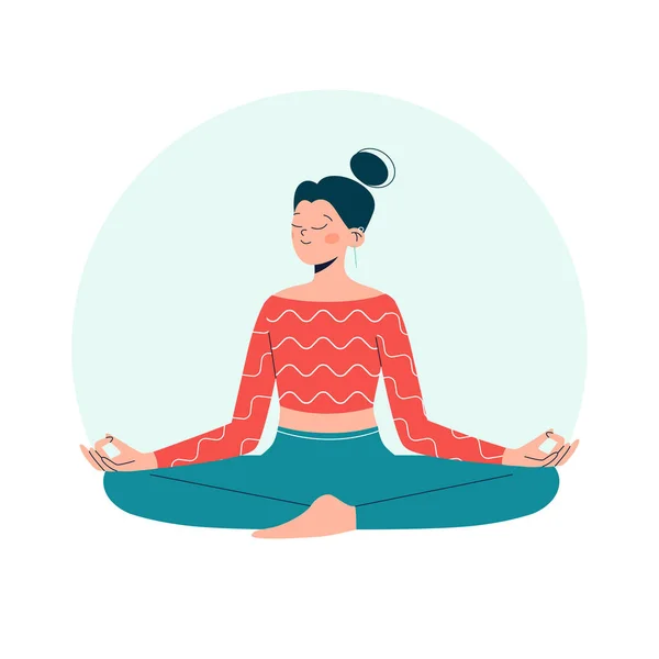 Woman in meditation pose isolated on rounded background. Concept illustration for yoga, meditation, relaxation, recreation, and healthy lifestyle. Flat vector.