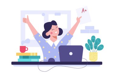 Bilgi ve eğitim kavramı. Öğrenci kız mükemmel bir notla mutlu. Düz vektör illüstrasyonu.