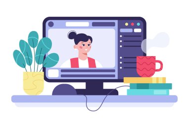 E-öğrenim kavramı, online eğitim. Web sitesi platformu ve öğretmeni olan bilgisayar ekranı. Düz vektör illüstrasyonu.