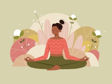 Meditasyon yapan kadın, doğa arka planında yapraklarla poz veriyor. Yoga, meditasyon, rahatlama, dinlenme ve sağlıklı yaşam tarzı için illüstrasyon kavramı. Düz vektör.