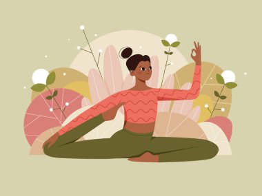 Kadın yoga pozu veriyor, doğa arka planında yapraklarla. Yoga, pilates ve sağlıklı yaşam tarzının çizimi. Düz vektör illüstrasyonu.