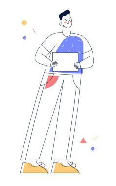 Man holds blank placard or paper. Male character shows empty banner. Outline, line art vector.