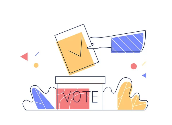 Concept of election, voting, democracy. Hand of voter throwing paper with check mark into ballot box. Outline, line art vector.