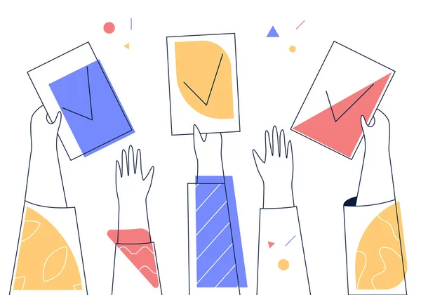 People hands hold up the ballots with check mark. Concept of vote, election, democracy, choice. Outline, line art vector.