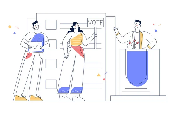 Концепция Выборов Голосования Политическая Кампания Кандидатом Электоратом Встреча Спикером Персонажами Векторная Графика