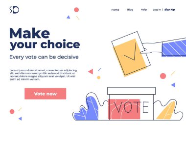 Voting, survey, poll web page concept. Hand puts the ballot in election box. Outline, line art vector.
