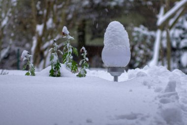 Schneehaube auf einer Lichterkugel im Garten