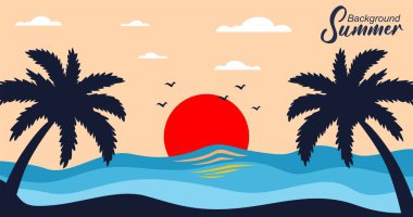 Palmiye ağacı silueti, alacakaranlıkta güneşli deniz manzarası..