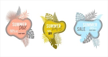 Tropikal yapraklı yaz indirimi afişleri. Bir dizi tropikal yaz yaprağı. vektör illüstrasyonu.