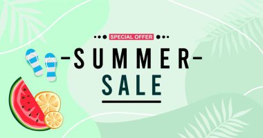 Tropikal yapraklı ve karpuzlu yaz indirimi afişi, tropik arka plan.