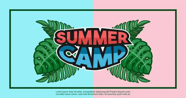 Palmiye ağaçlı yaz kampı rozeti. Tropikal yapraklar ve yaz. Yaz tatili posteri. vektör illüstrasyonu.