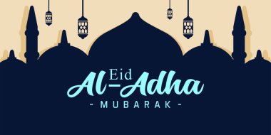 Kurban Bayramı Mübarek kartı. Üzerinde İslami fenerler ve mavi arka planda cami var. vektör illüstrasyonu