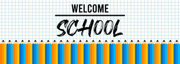 Renkli kalemlerle okul afişine tekrar hoş geldiniz. Vektör illüstrasyonu.