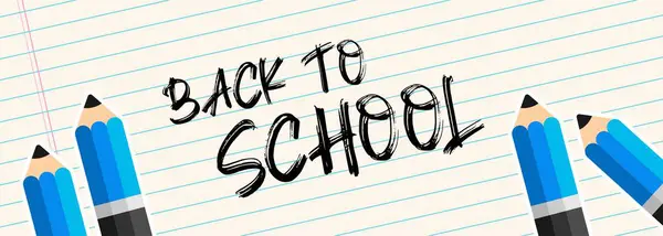 Renkli kalemlerle okul afişine tekrar hoş geldiniz. Vektör illüstrasyonu.