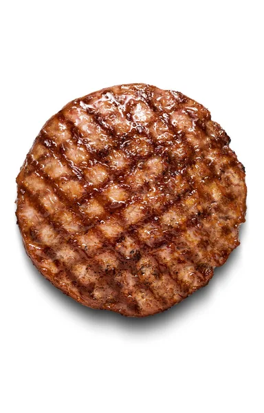 Horní Pohled Single Beef Burger Křížem Grill Marks Izolované Bílém — Stock fotografie