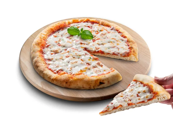 Pizza Clásica Redonda Margherita Rebanada Tabla Cortar Madera Mano Con —  Fotos de Stock