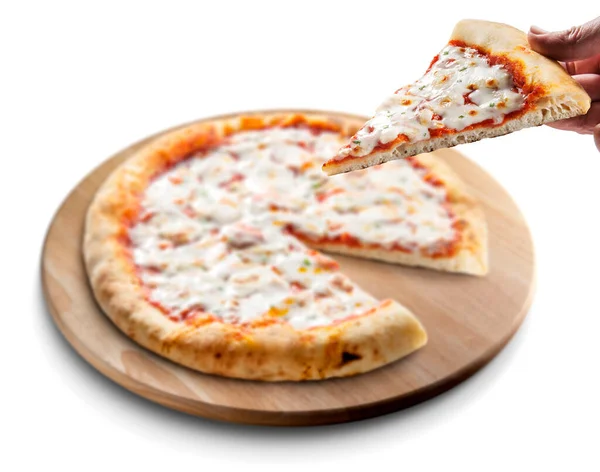 Pizza Clásica Redonda Margherita Rebanada Tabla Cortar Madera Mano Con —  Fotos de Stock